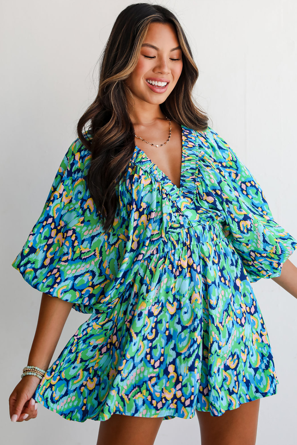 Green Abstract Print Puff Sleeve V Neck High Waist Romper - loveforevers