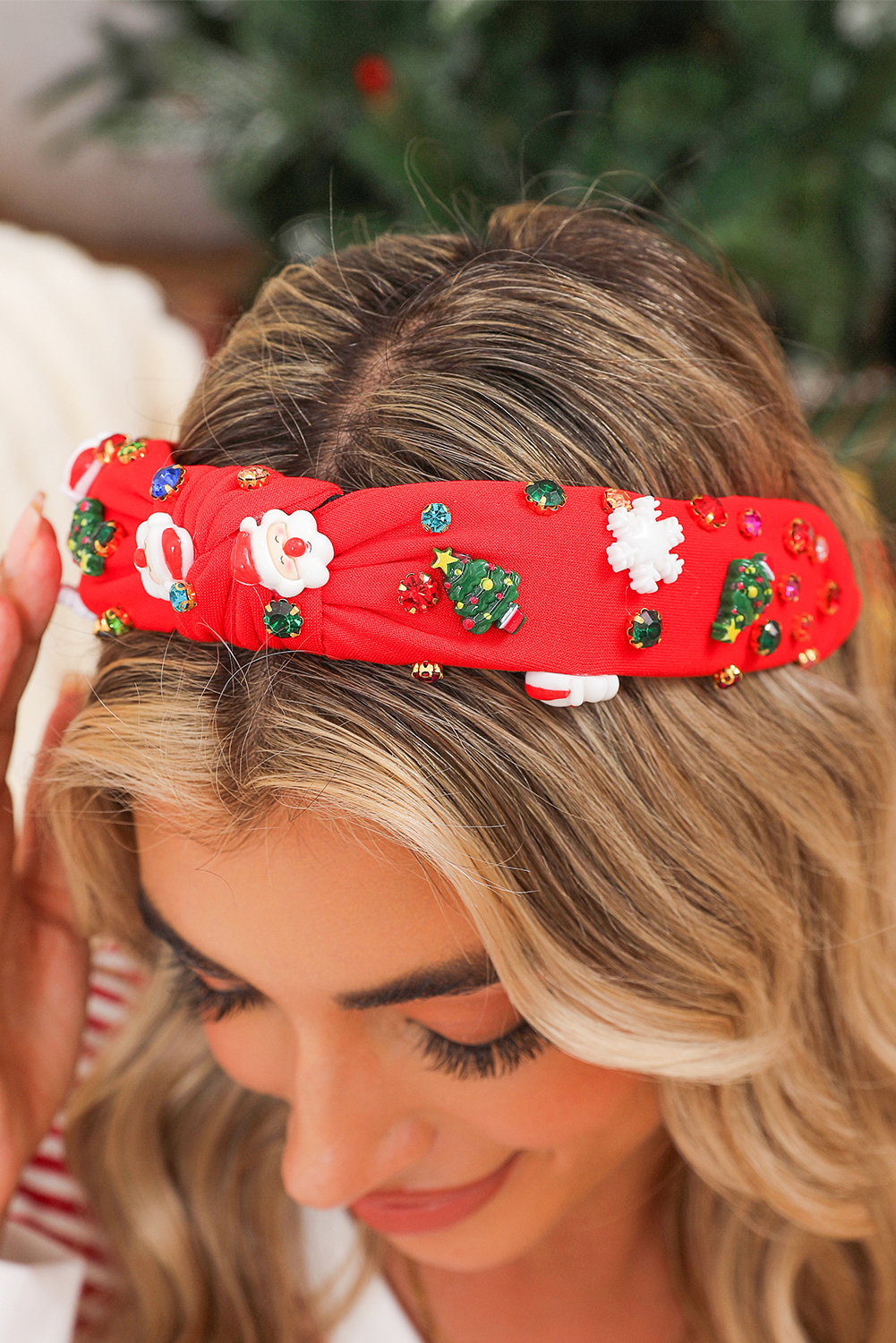 Fiery Red Cartoon Christmas Pattern Rhinestone Knotted Headband - loveforevers