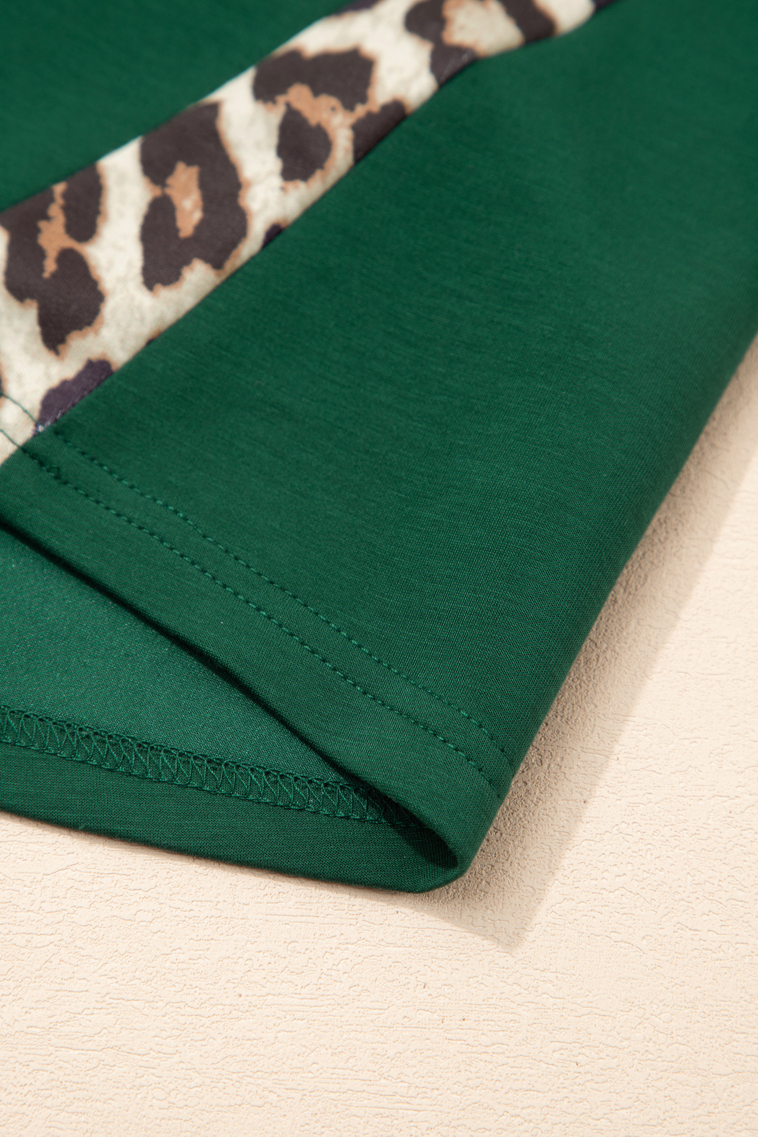 Sea Green Leopard Trim Round Neck Loose T Shirt - loveforevers