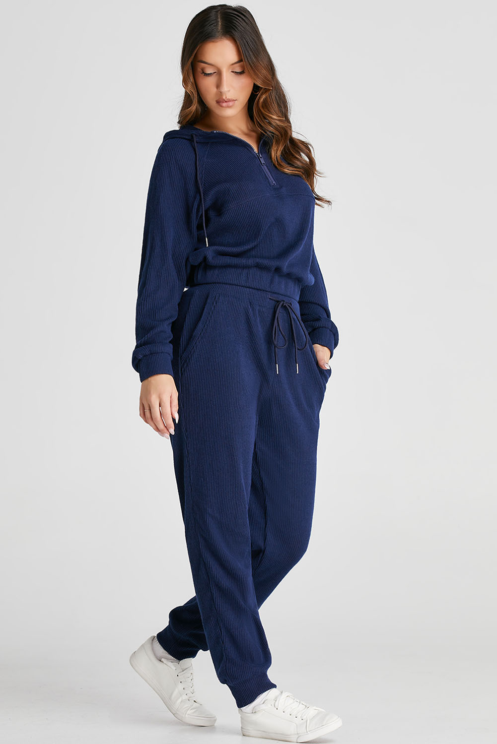 Navy Blue Ribbed Knit Cropped Hoodie and Drawstring Joggers Set - loveforevers