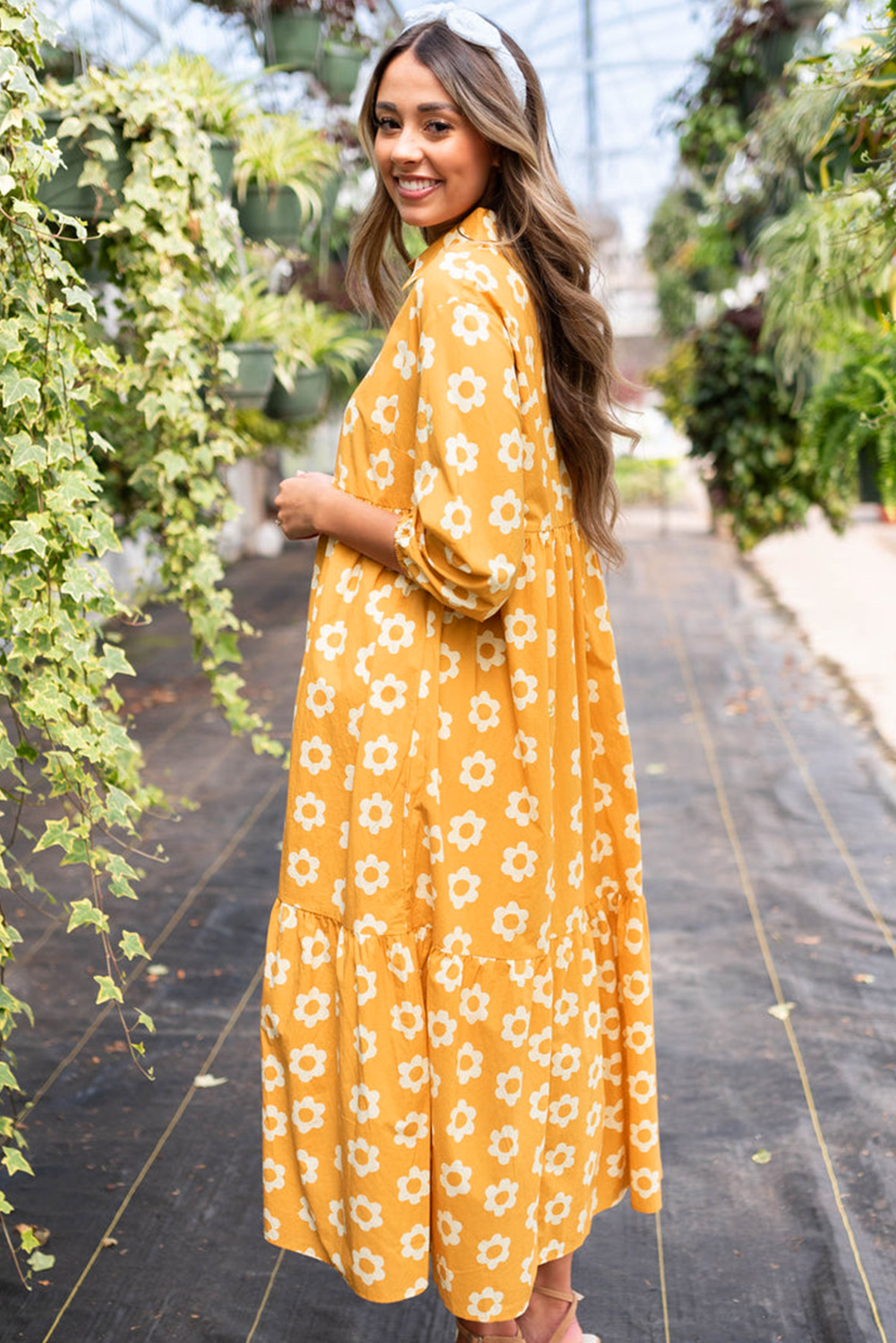 Yellow Flower Print Bracelet Sleeve Buttons Collared Maxi Dress - loveforevers