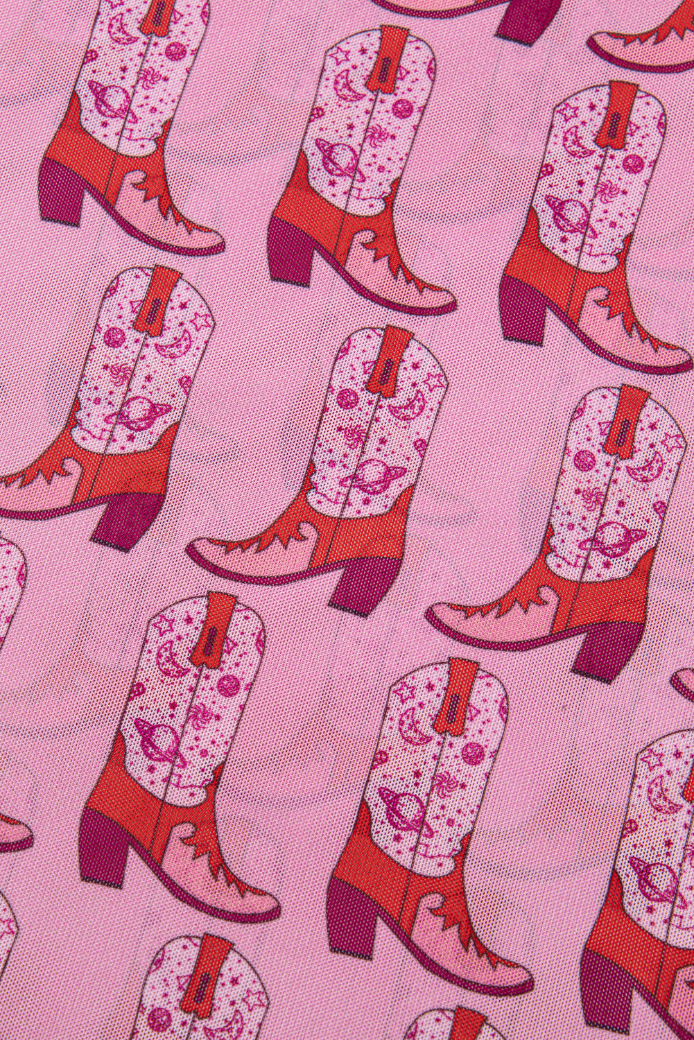 Pink Cowgirl Boots Printed Mock Neck Long Sleeve Mesh Top - loveforevers