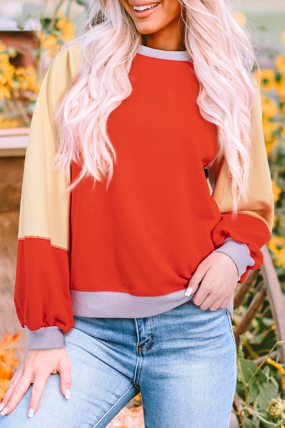Orange Color Block Side Slits Raglan Sleeve Loose Fit Top - loveforevers