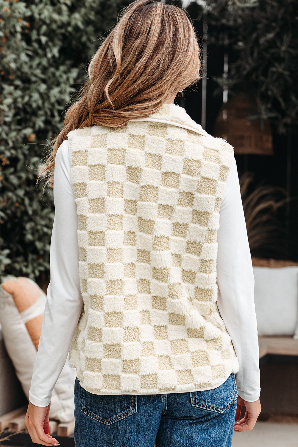 Khaki Sherpa Checkerboard Snap Button Vest Jacket With Pocket - loveforevers
