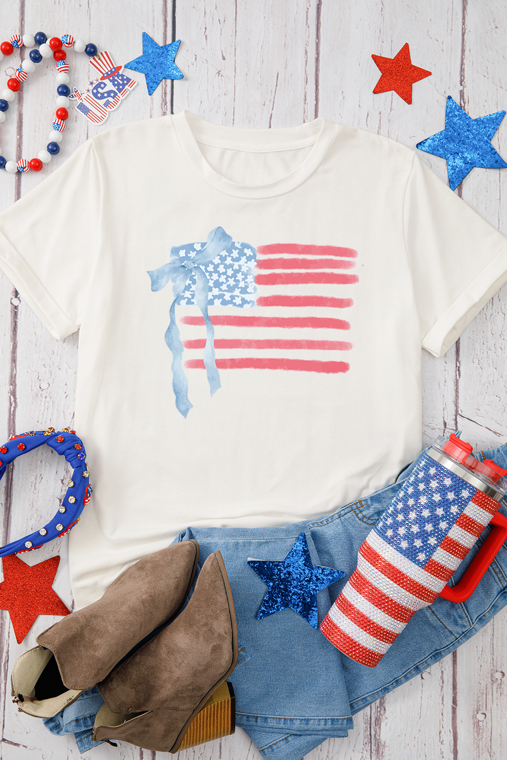 White American Flag Bow Knot Print Crew Neck T Shirt - loveforevers