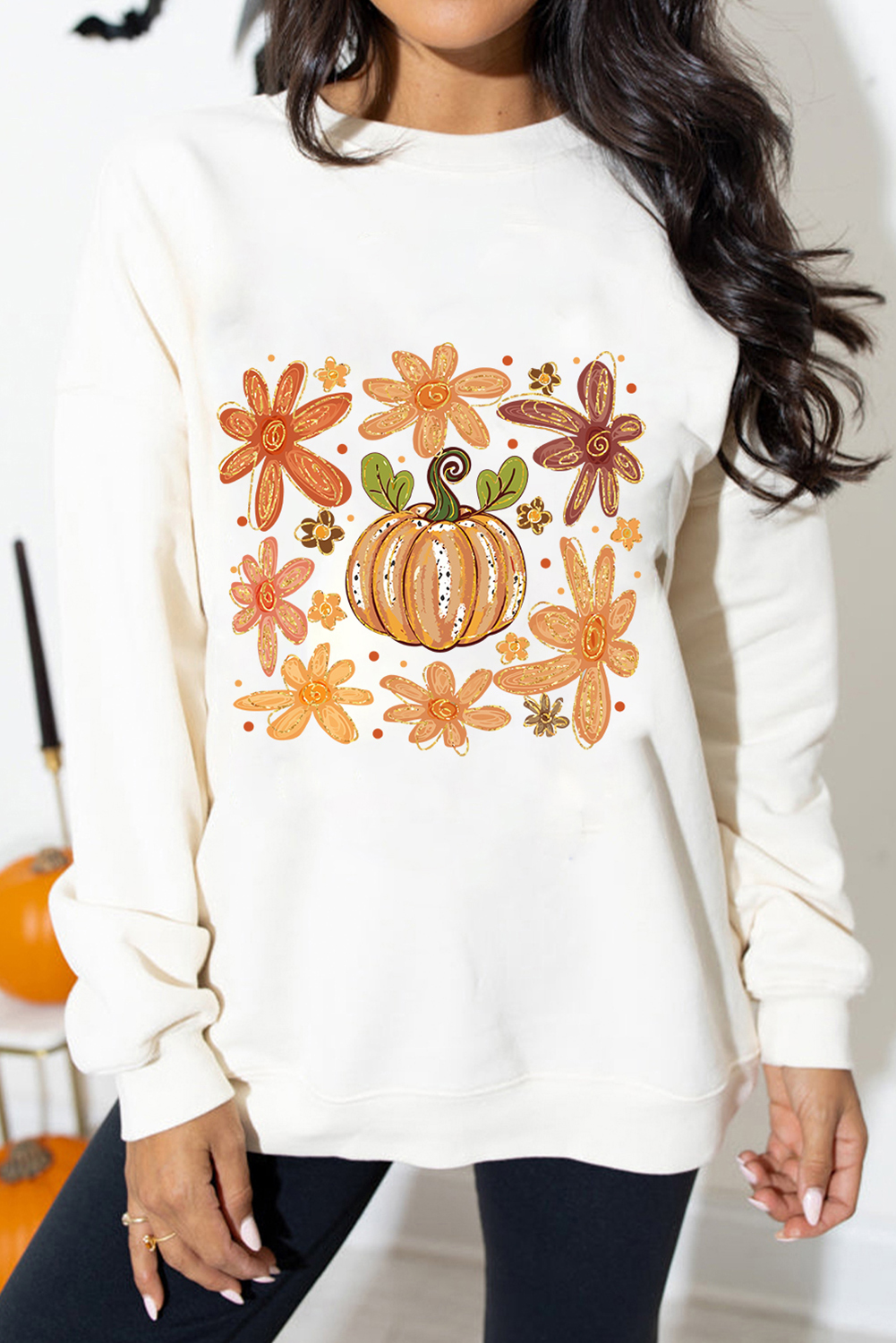 White Flower Pumpkin Printed Cotton Blend Sweatshirt - loveforevers