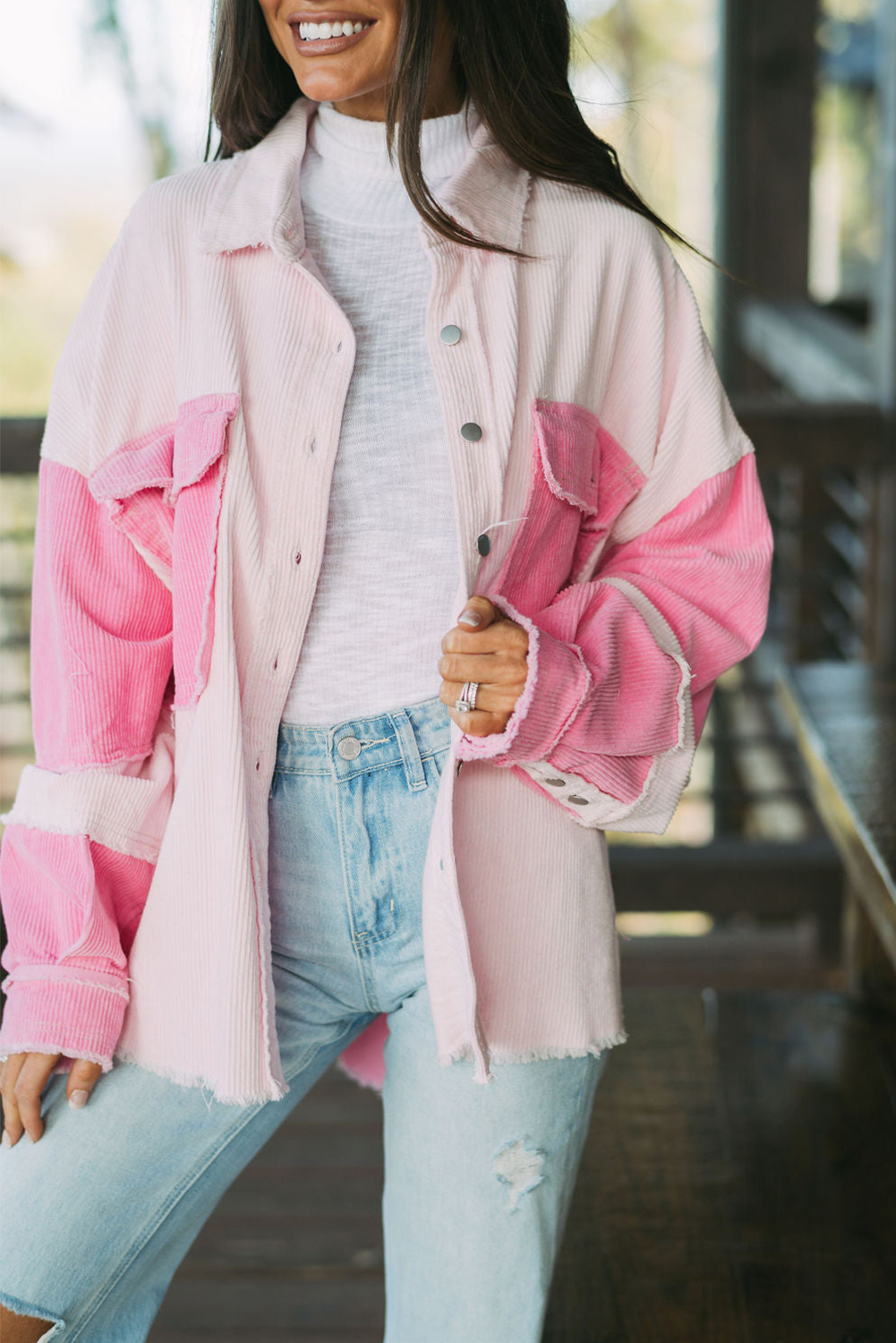 Delicacy Two-tone Color Exposed Seam Corduroy Shacket - loveforevers
