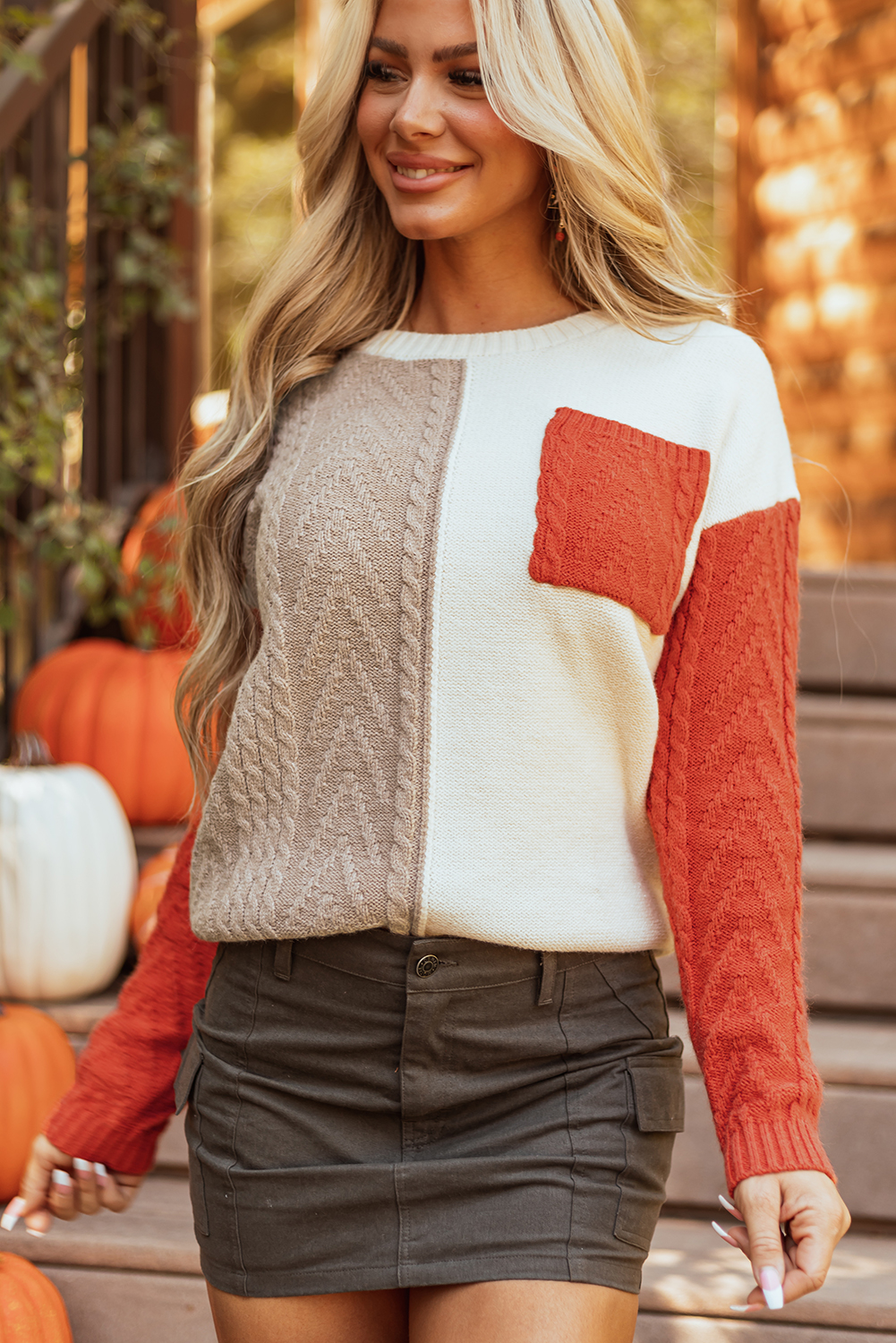 Gold Flame Colorblock Patched Pocket Drop Shoulder Sweater - loveforevers