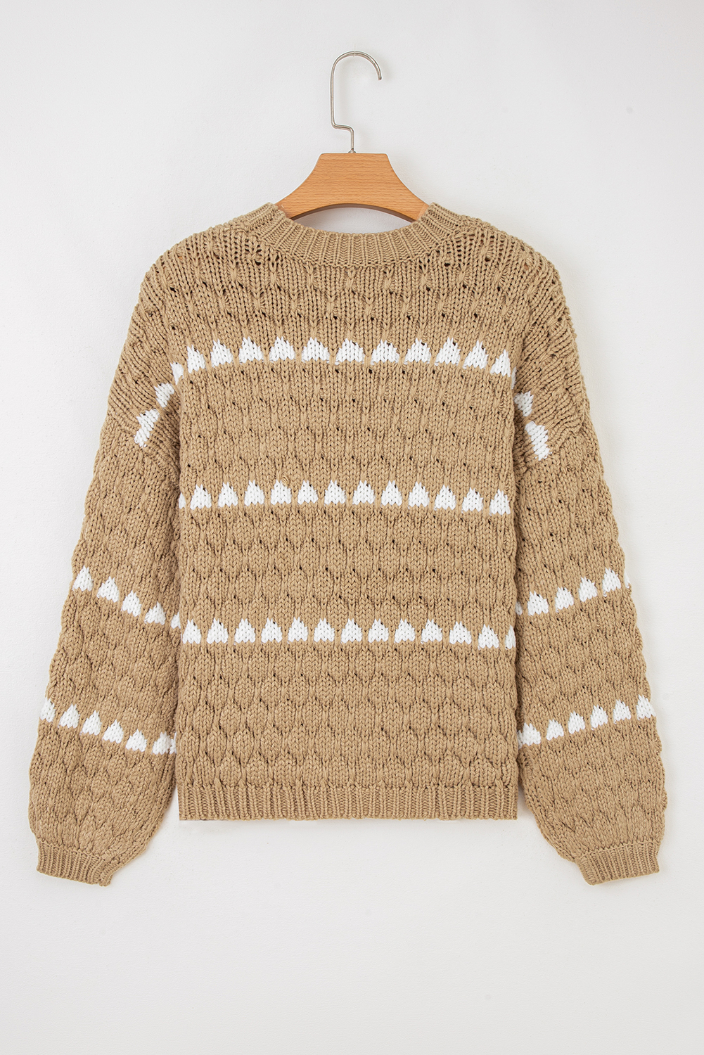 Pale Khaki Contrast Detail Textured Knit Puff Sleeve Baggy Sweater - loveforevers