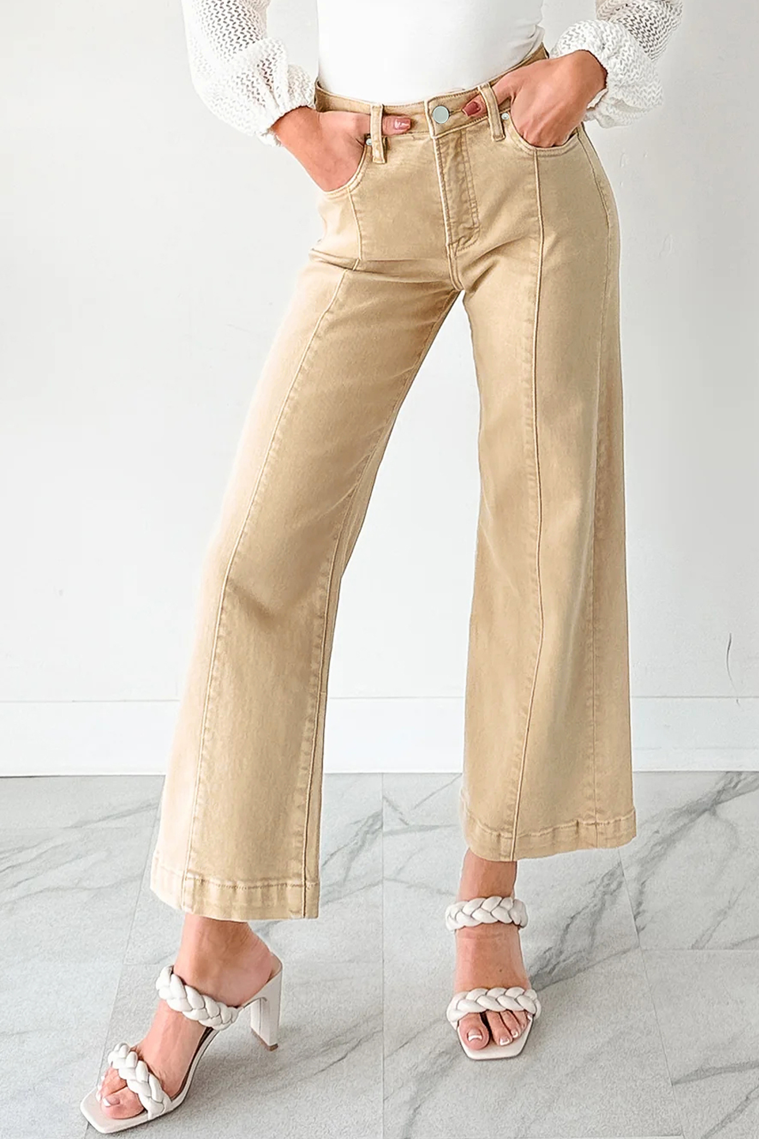 Apricot Solid Color Seamed Center Wide Leg Cropped Jeans - loveforevers