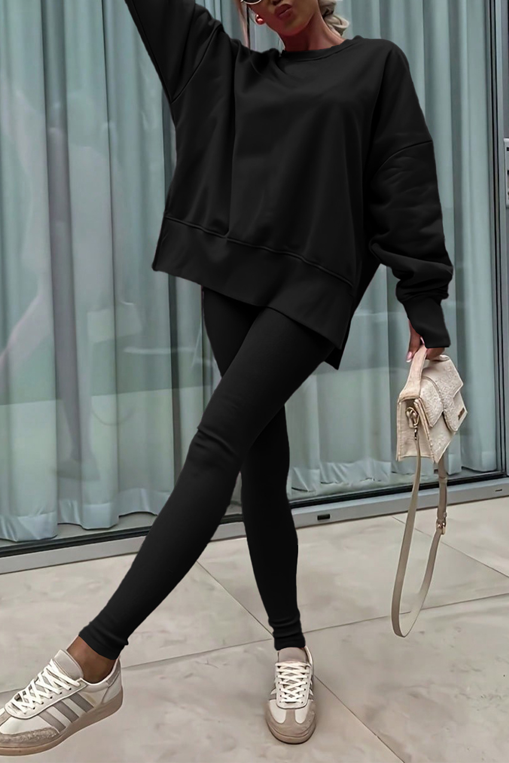 Black Solid Color Oversize Slit Sweatshirt Ribbed Leggings 2pcs Set - loveforevers