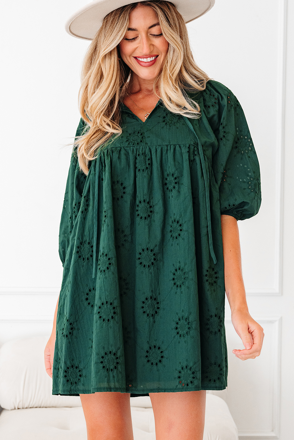 Blackish Green Embroidered Eyelet Pattern 3/4 Puffy Sleeve Swing Mini Dress - loveforevers