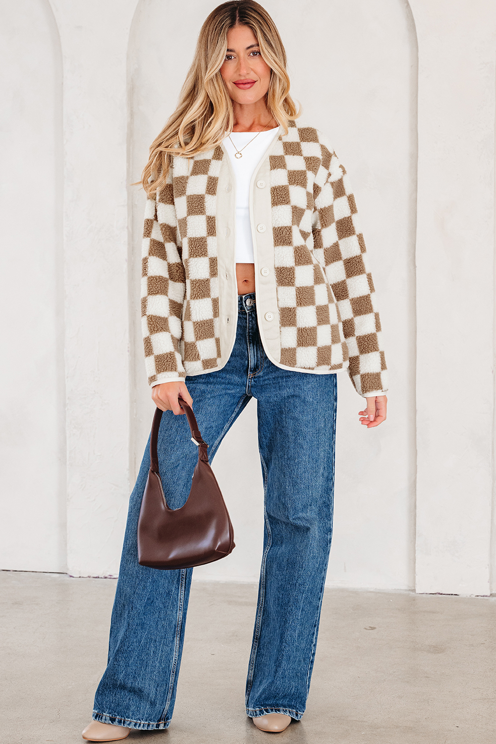 Brown Checkered Sherpa Buttoned Front Chunky Jacket - loveforevers