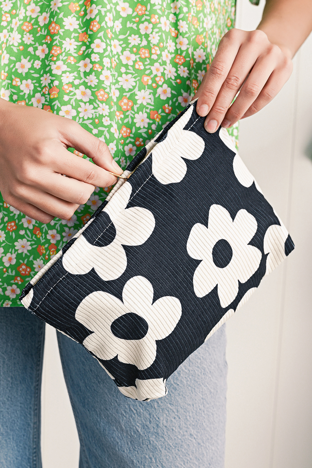 Red Flower Printed Rib Textured Cosmetic Bag - loveforevers