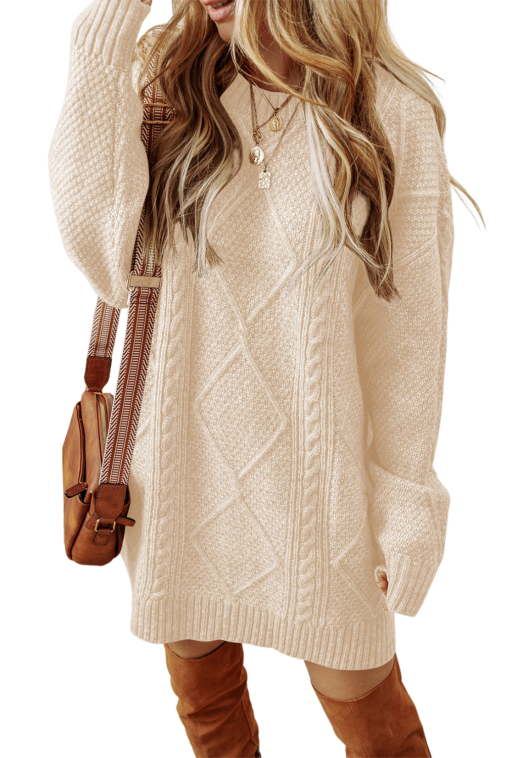 Parchment Cable Knit Drop Shoulder Loose Fit Sweater Dress - loveforevers