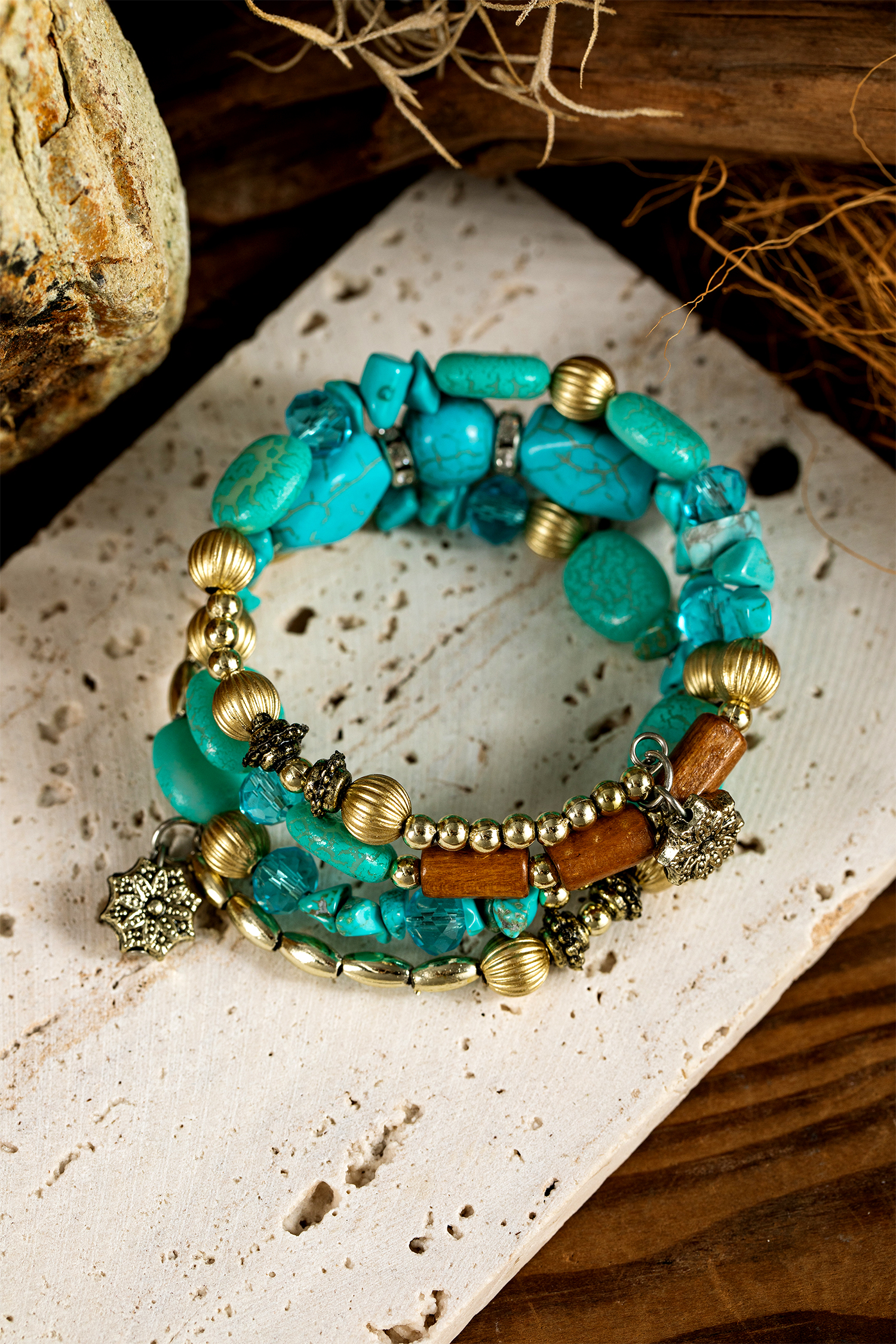 Turquoise Bohemian Style Crystal Stone Plated Bead Multi-Layer Winding Bracelet - loveforevers