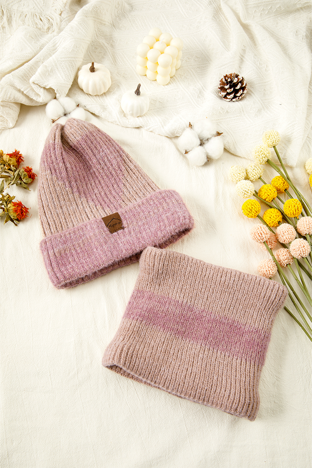 Peach Blossom Cozy Sherpa Liner Stylish Knitted Beanie and Scarf Set - loveforevers
