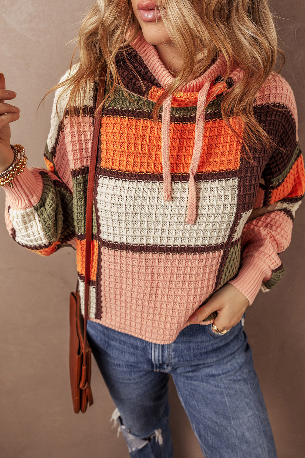 Orange Color Block Waffle Knit Drawstring Mock Neck Sweater - loveforevers