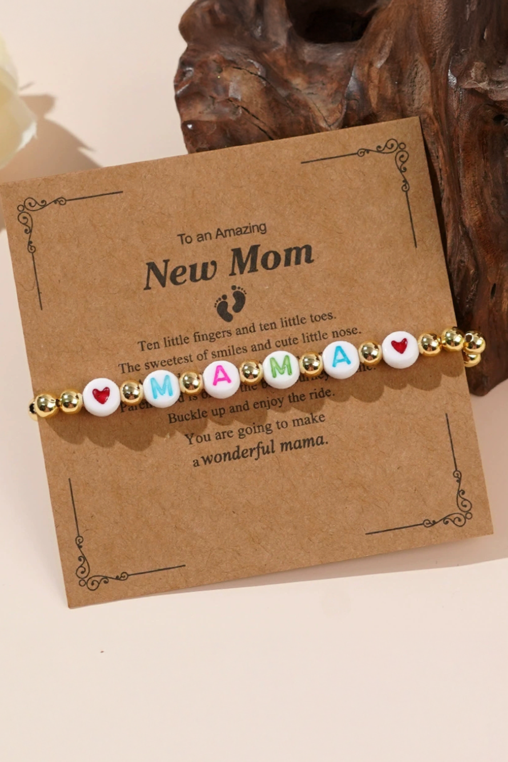 Gold MAMA Heart Beaded Elastic Bracelet - loveforevers