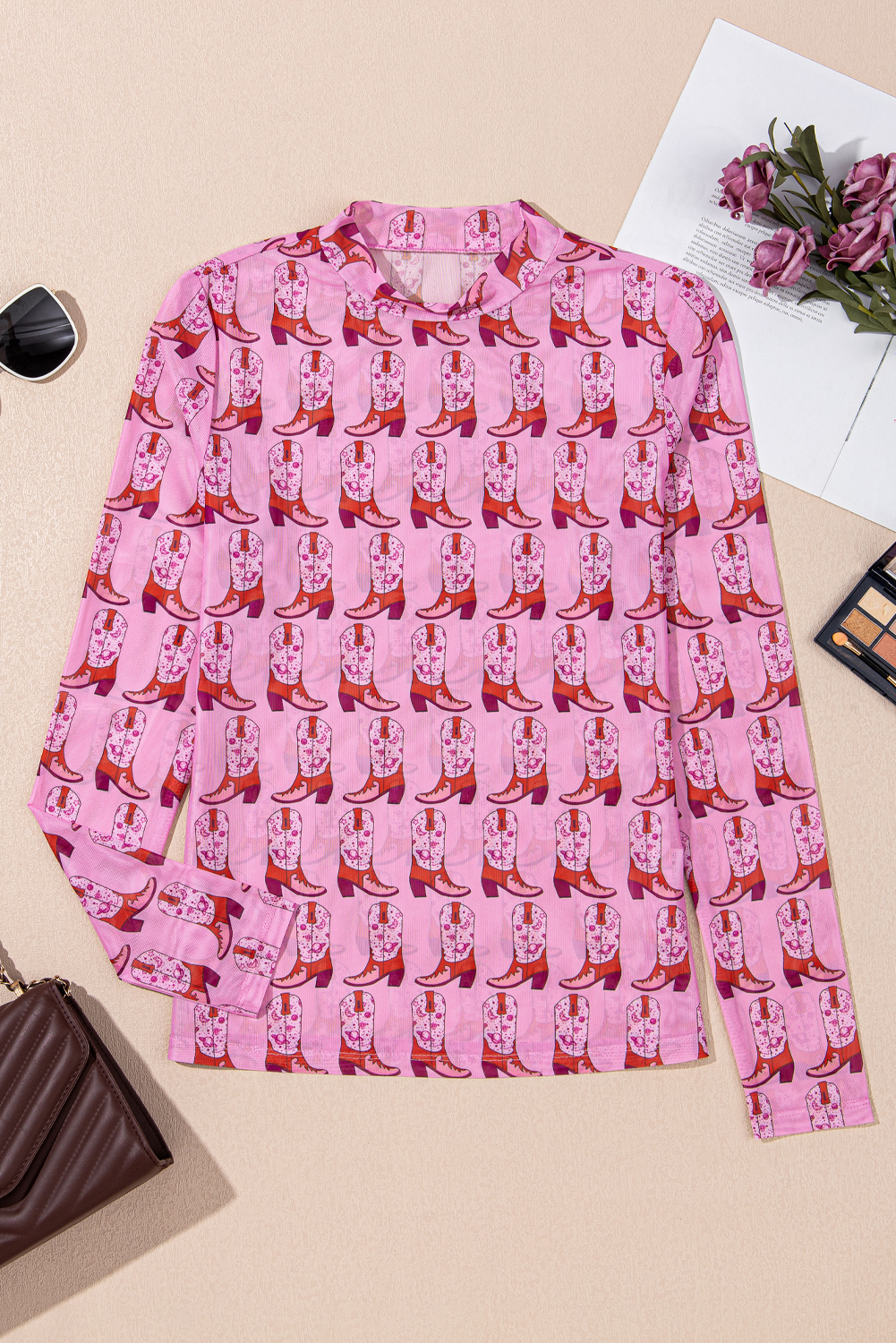 Pink Cowgirl Boots Printed Mock Neck Long Sleeve Mesh Top - loveforevers