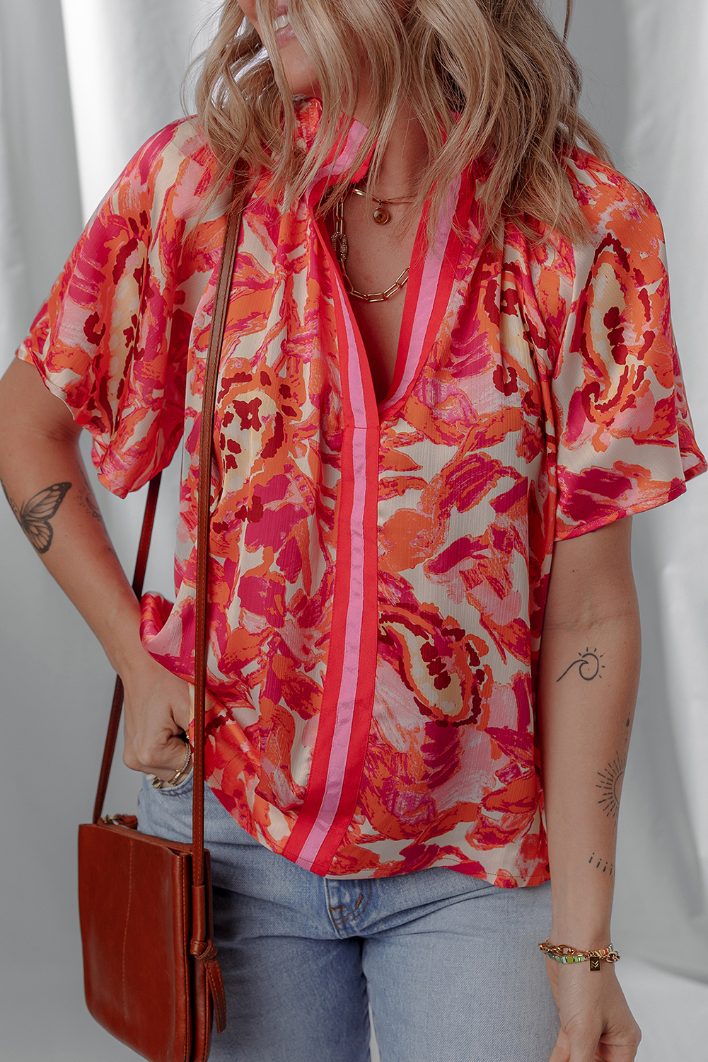 Rose Abstract Print Striped Trim Split Neck Blouse - loveforevers