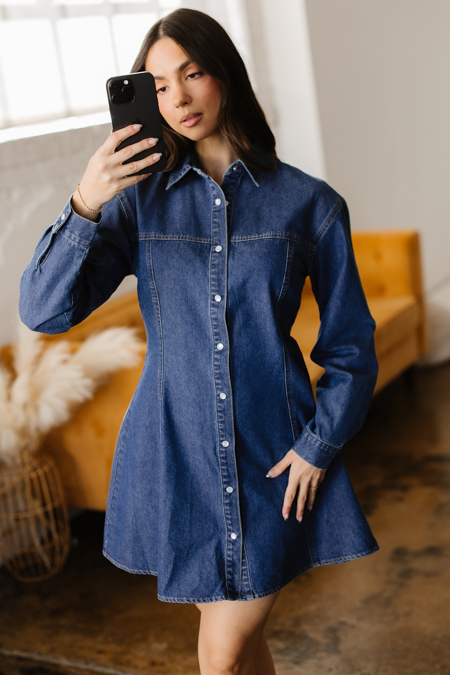 Ashleigh Blue Denim Shirt Collar Long Sleeve Flared Mini Dress - loveforevers