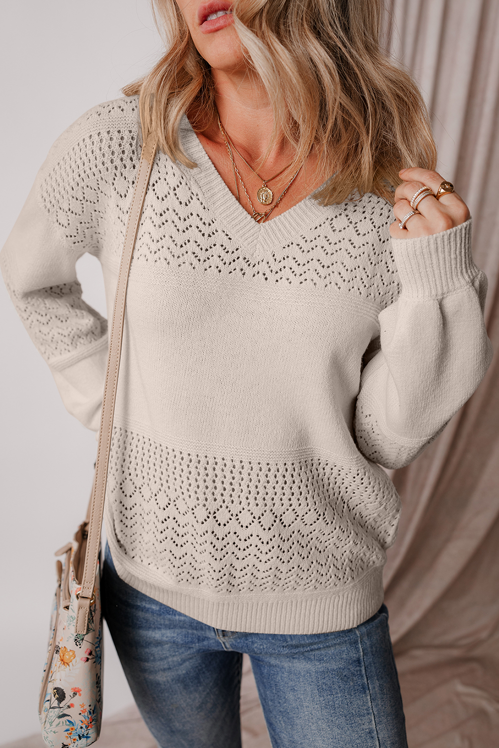 Sky Blue Eyelet Pattern Detail V Neck Drop Shoulder Sweater - loveforevers