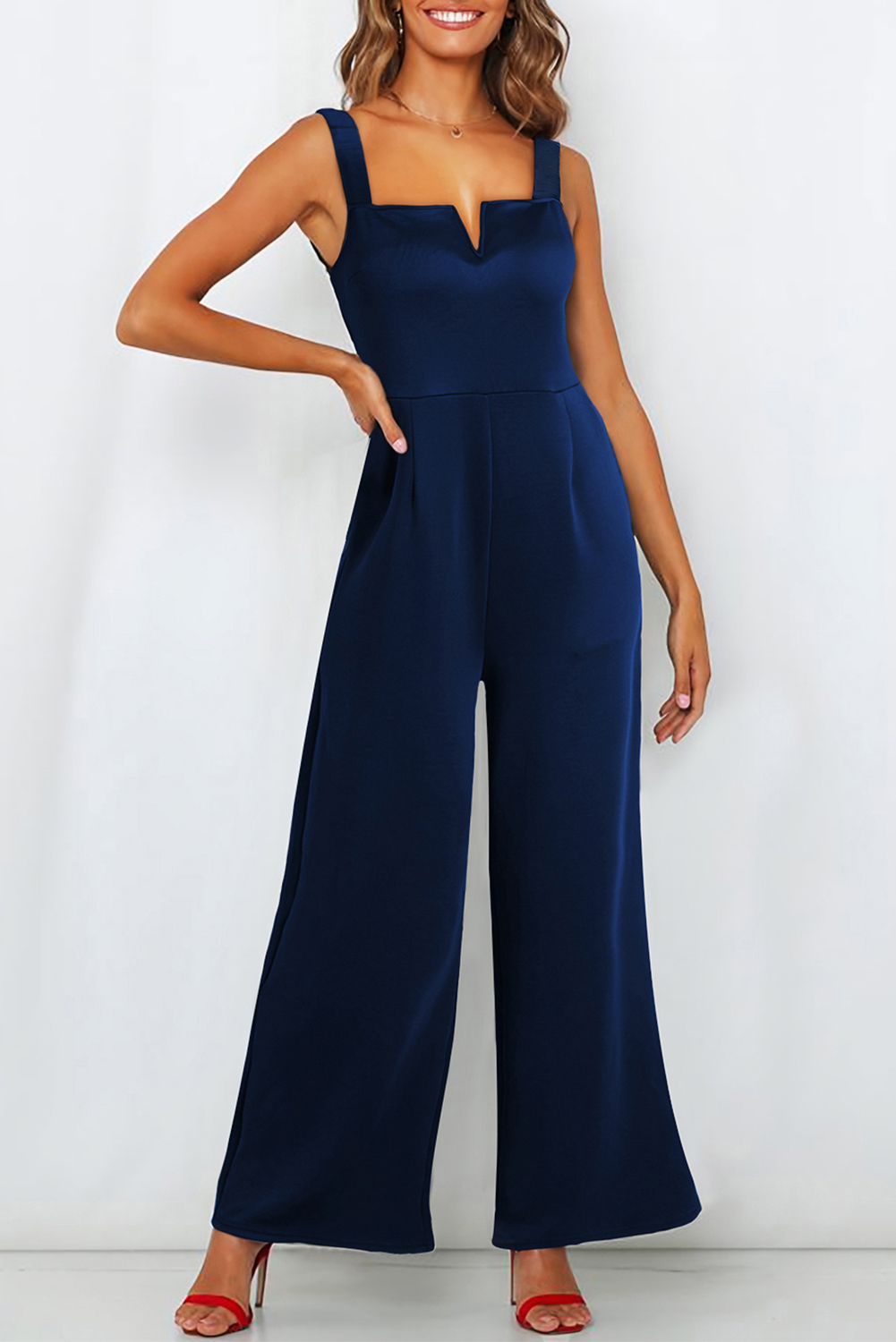 Blue Notched Neck Smocked Back Wide Leg Sleeveless Jumpsuit - loveforevers