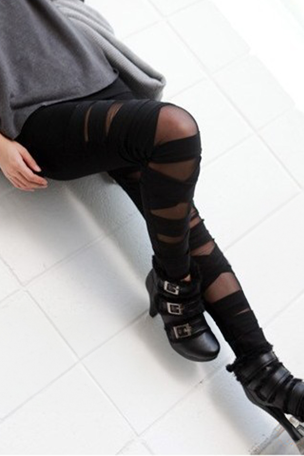 Black Criss Cross Mesh Insert High Waist Skinny Leggings - loveforevers