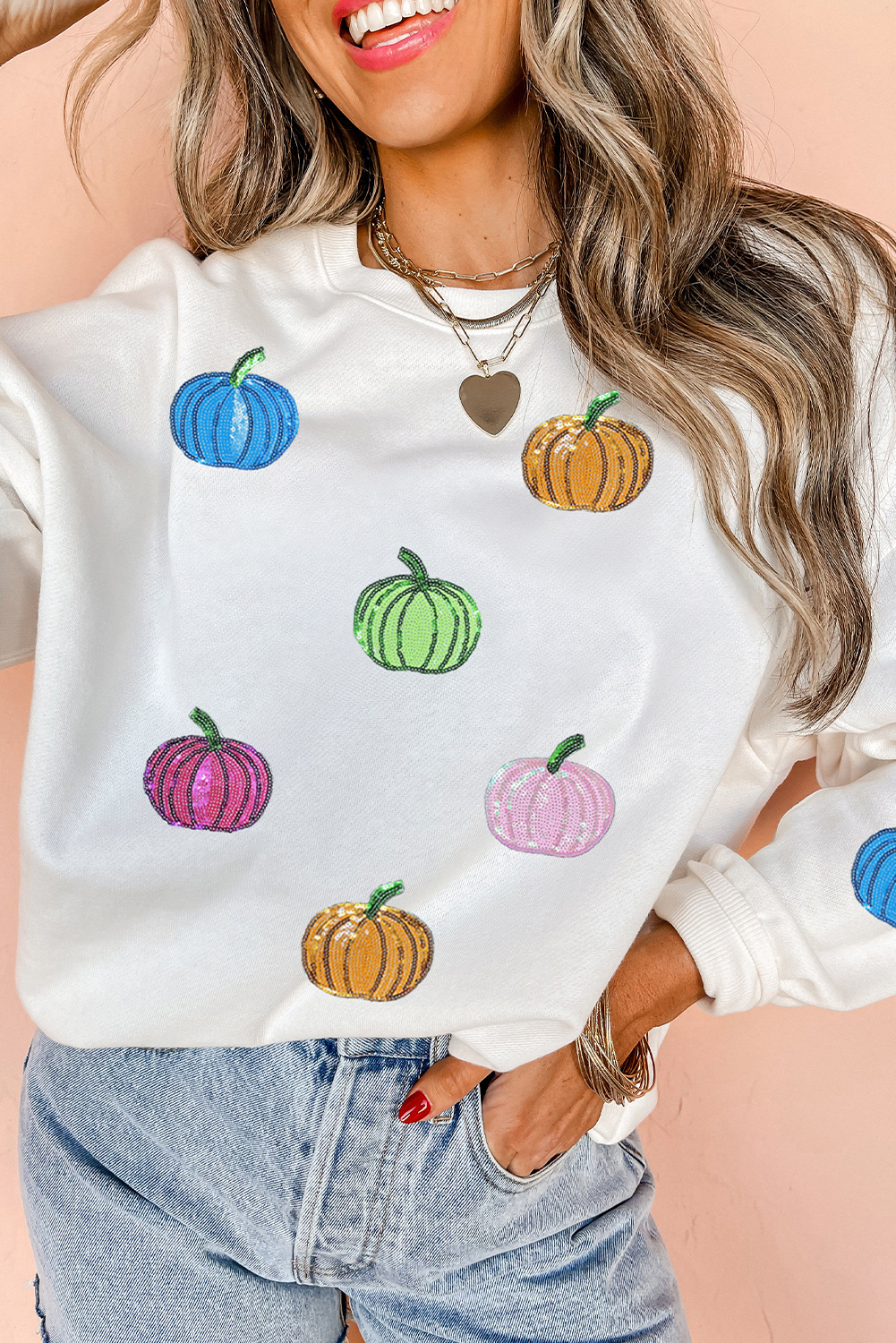White Colorful Pumpkin Sequin Patched Drop Shoulder Sweatshirt - loveforevers