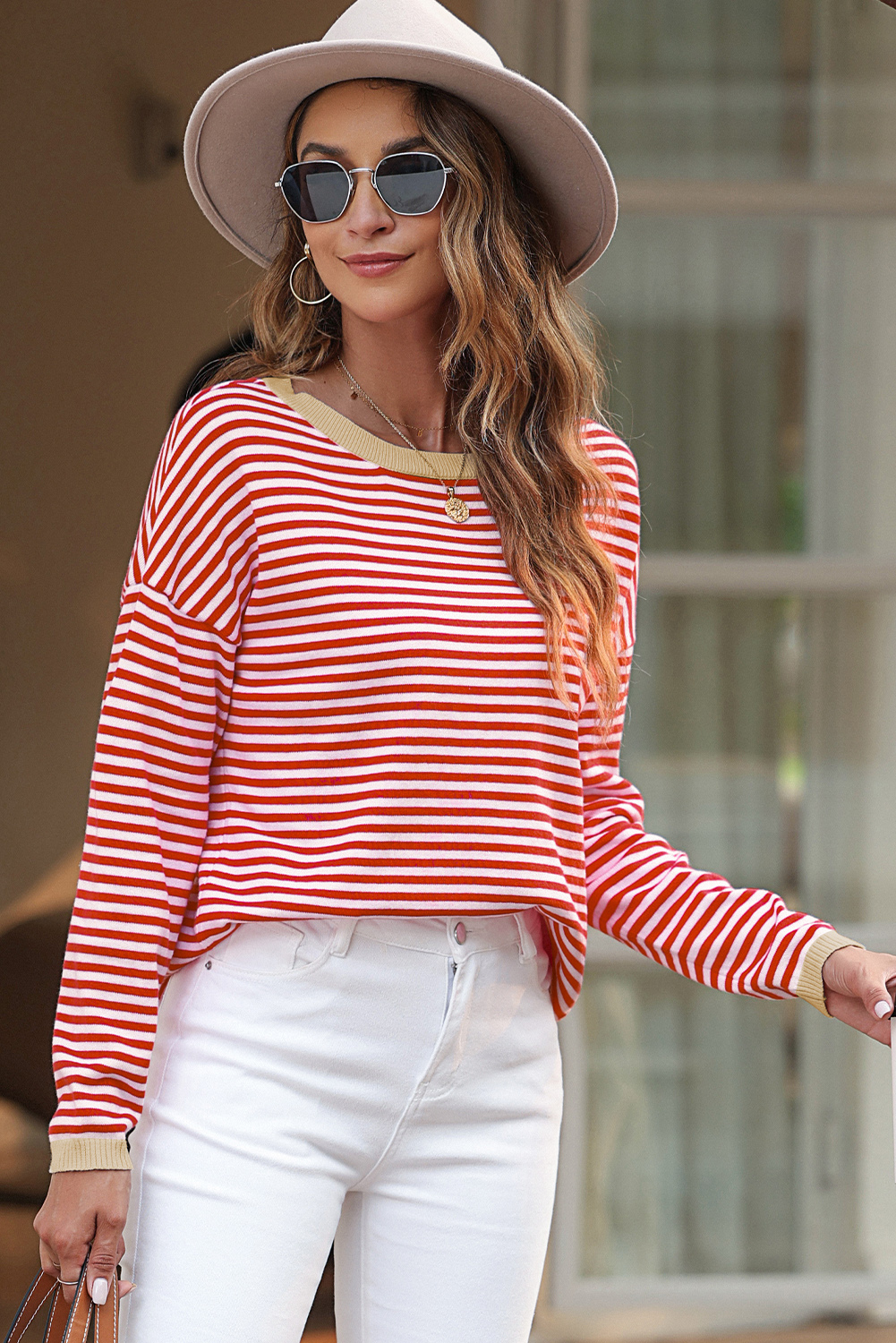 Fiery Red Striped Contrast Trimmed Drop Shoulder Sweater - loveforevers