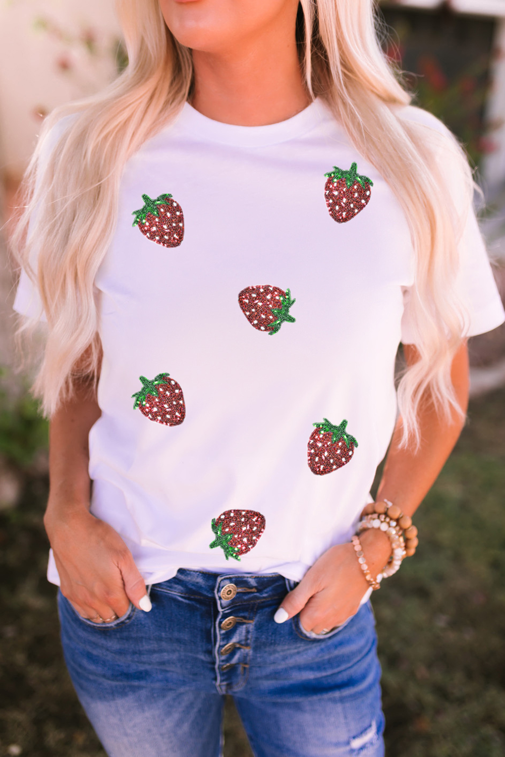 White Sequin Bow Strawberry Graphic Crew Neck T Shirt - loveforevers