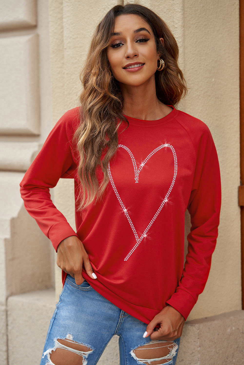Fiery Red Rhinestone Heart Shaped Long Sleeve Sweatshirt - loveforevers