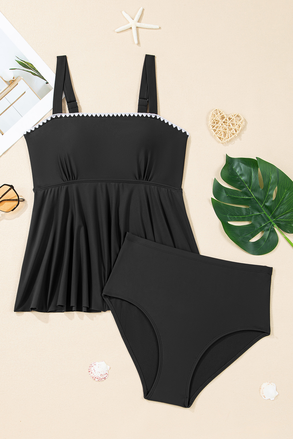 Black Spaghetti Straps Contrasted Ricrac Trim Flared Tankini 2pcs Swimsuit - loveforevers