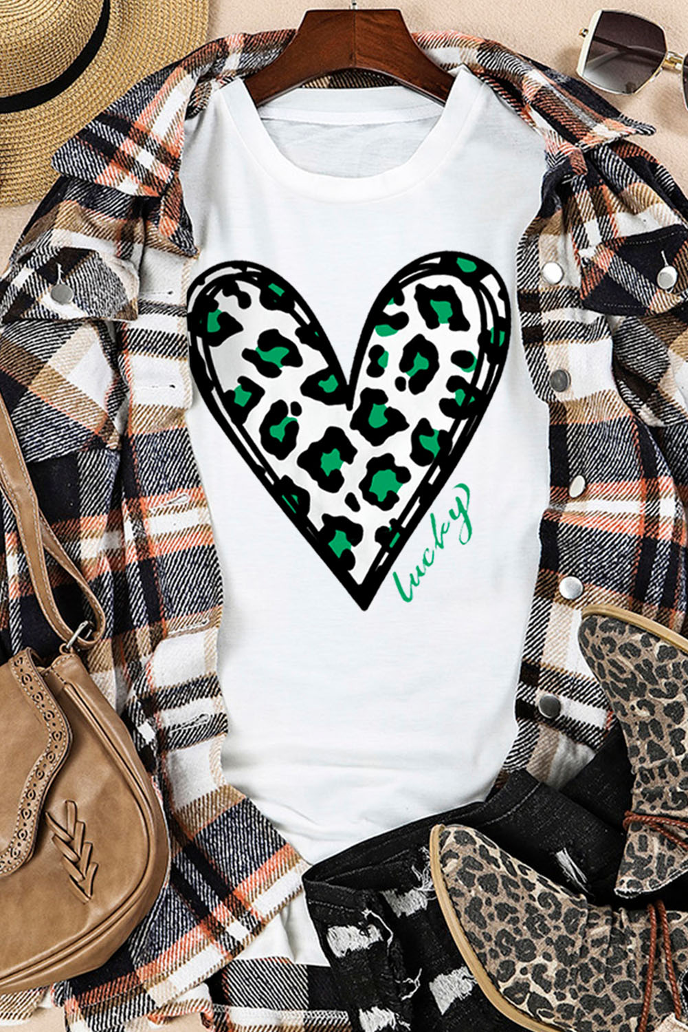 White Lucky Leopard Heart Print St Patricks Day T Shirt - loveforevers