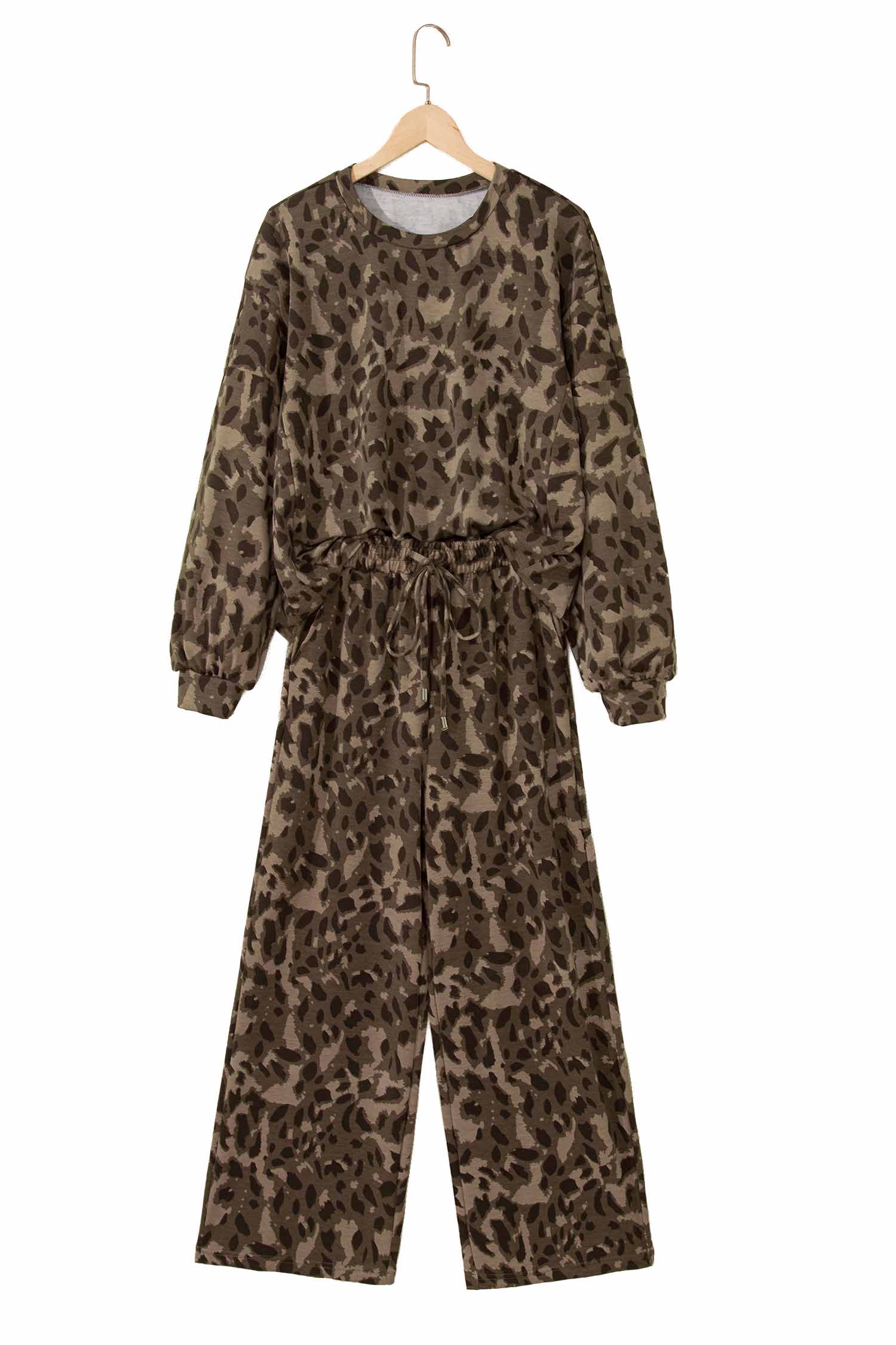 Brown Leopard Loose Tee Drawstring Waist Barrel Pants Set - loveforevers