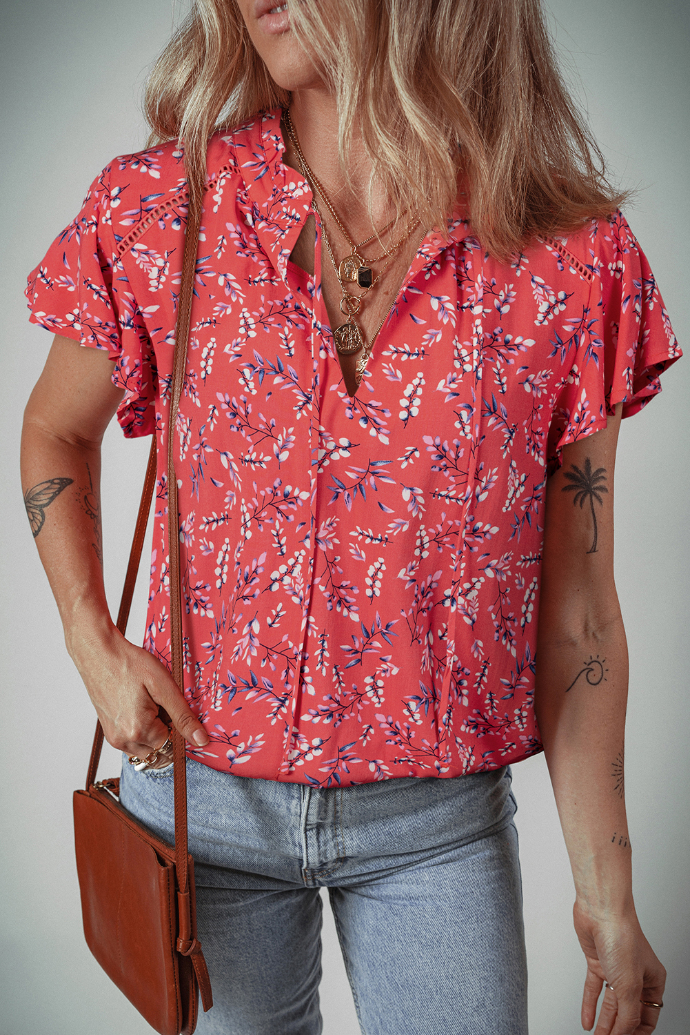 Red Floral Tie Split Neck Short Flounce Sleeve Crinkled Blouse - loveforevers