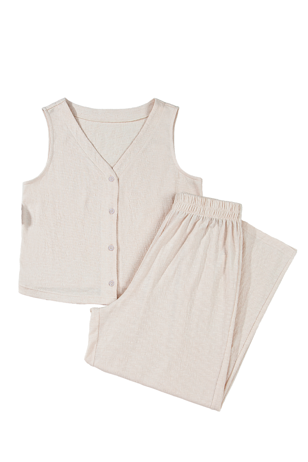 Apricot Buttoned V Neck Tank Top and Wide Leg Pants Casual Outfit - loveforevers