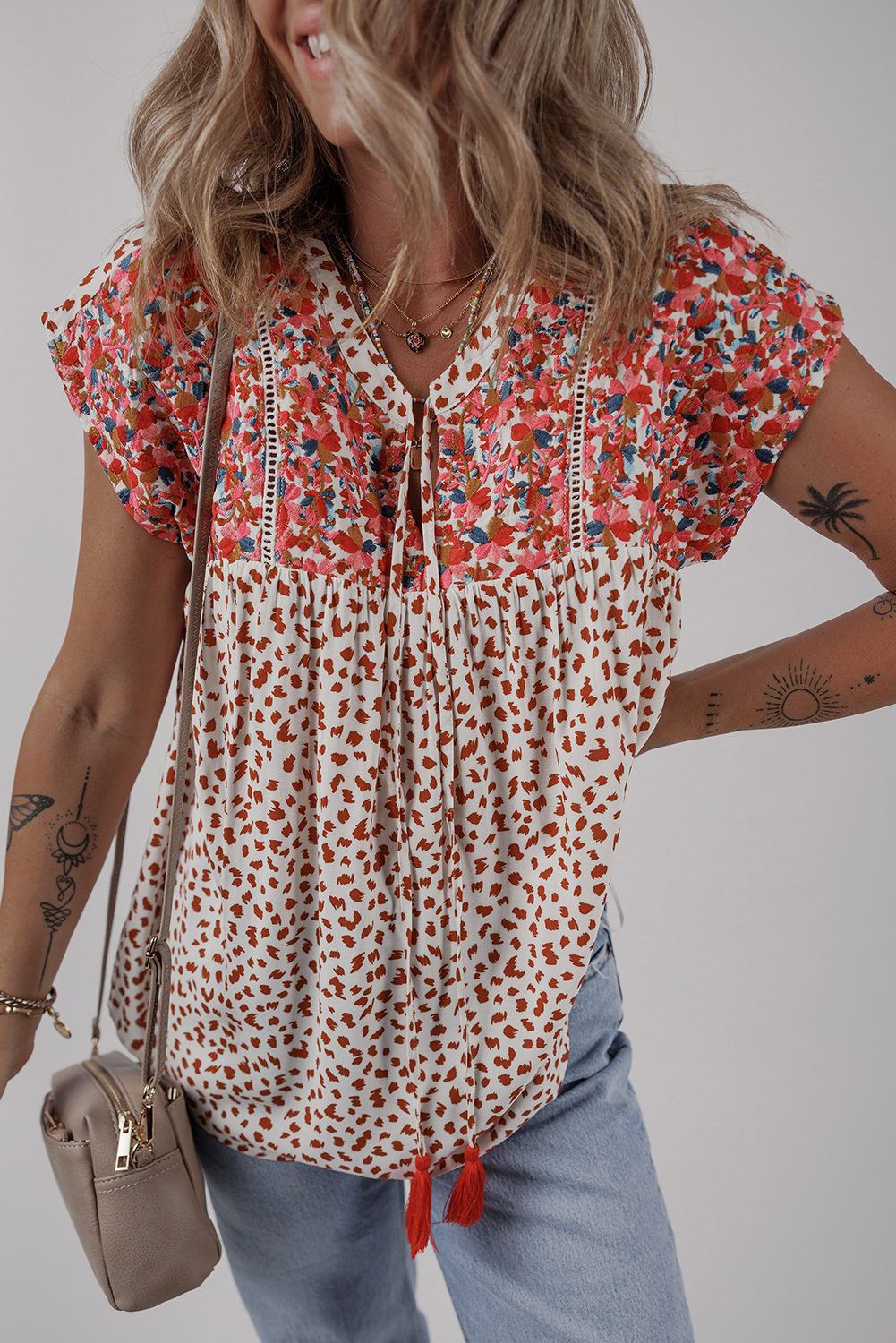 Red Printed Embroidery Detail Tie Split Neck Blouse - loveforevers