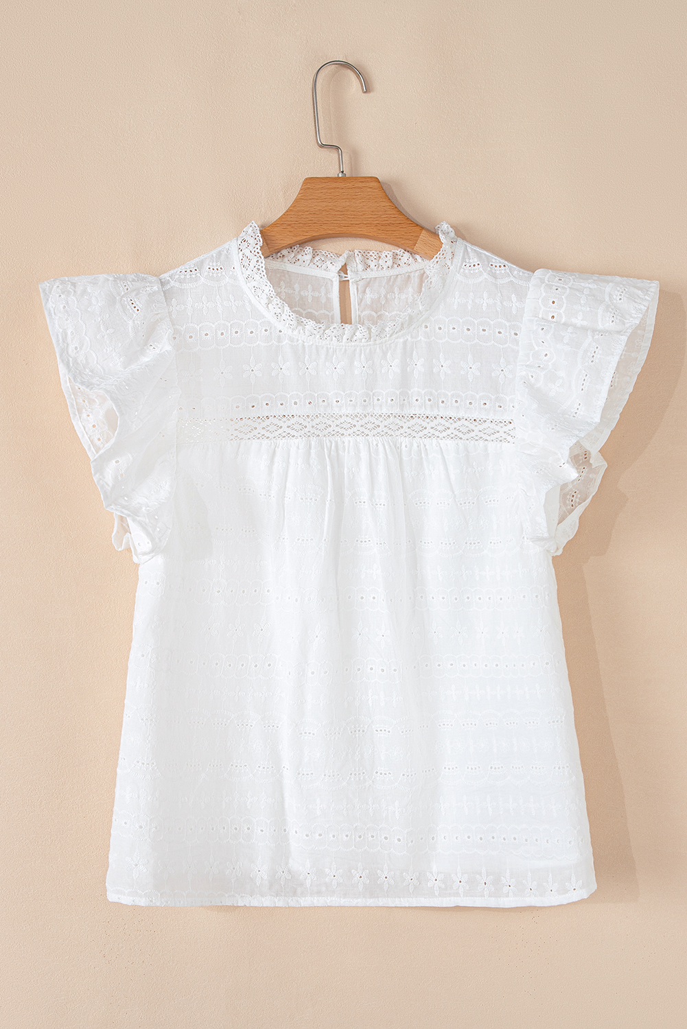 White Lace Neckline Flutter Sleeve Eyelets Blouse - loveforevers