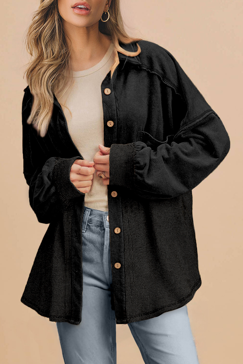Black Waffle Knit Patchwork Exposed Seam Loose Shacket - loveforevers
