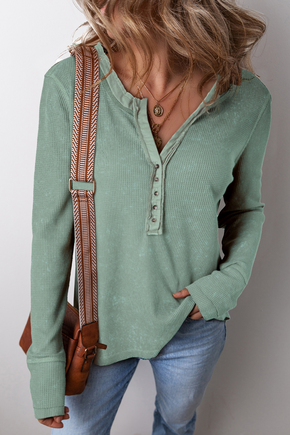 Smoke Green Acid Wash Waffle Knit Buttoned Neckline Long Sleeve Top - loveforevers