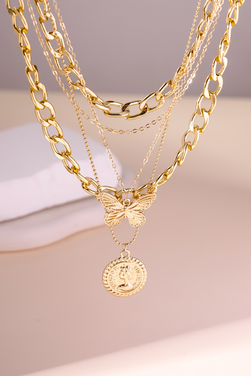 Gold Plated Alloy Multilayer Butterfly Charm Necklace - loveforevers