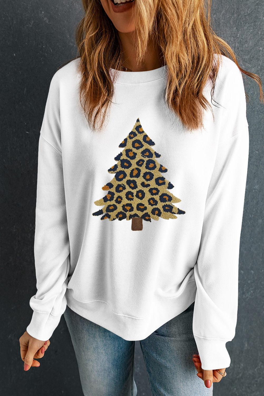 White Plush Leopard Tree Patched Drop Shoulder Sweatshirt - loveforevers