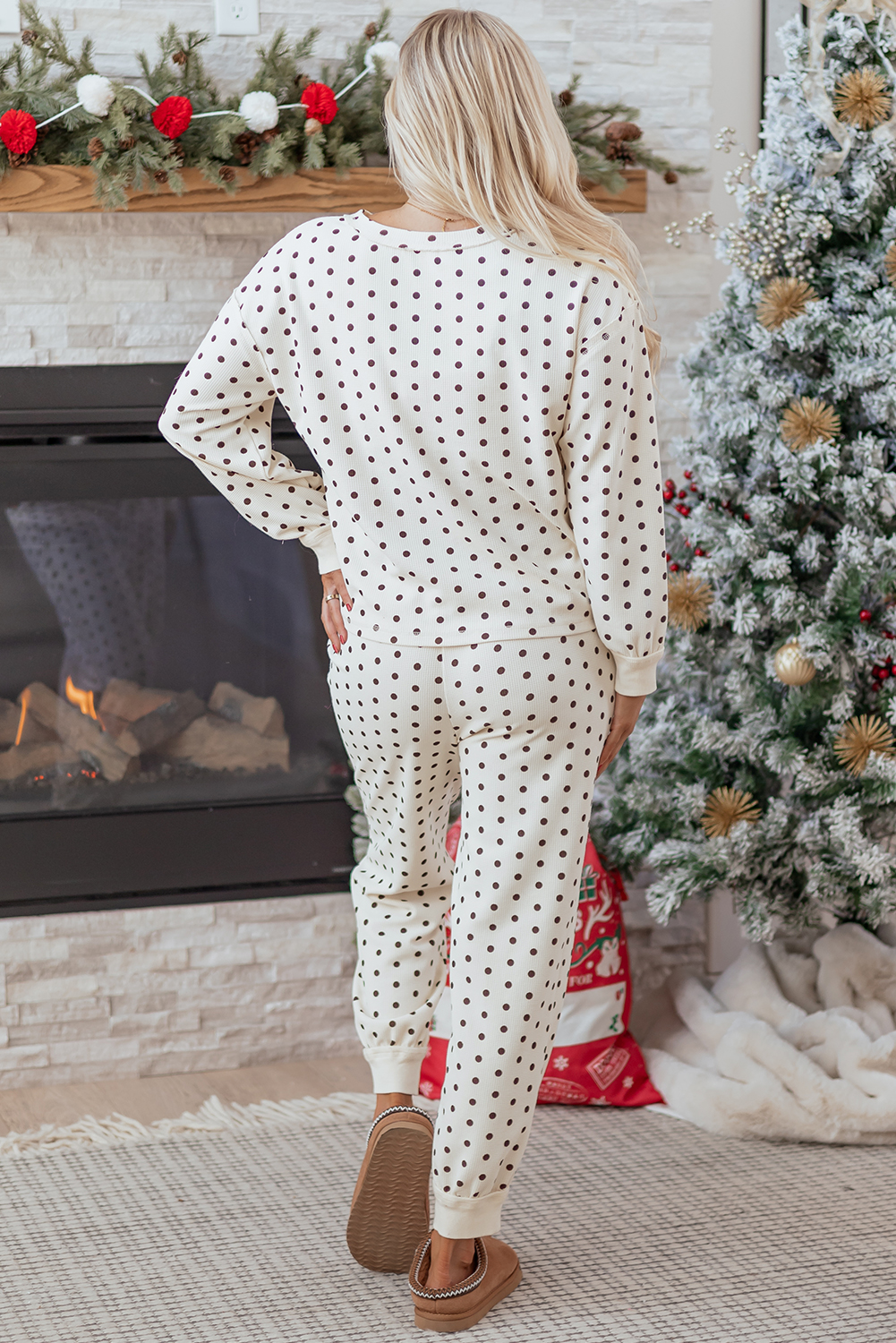 White Polka Dot Print Notched Neck Long Sleeve Top Drawstring Jogger Pants Waffle Knit Lounge Set - loveforevers
