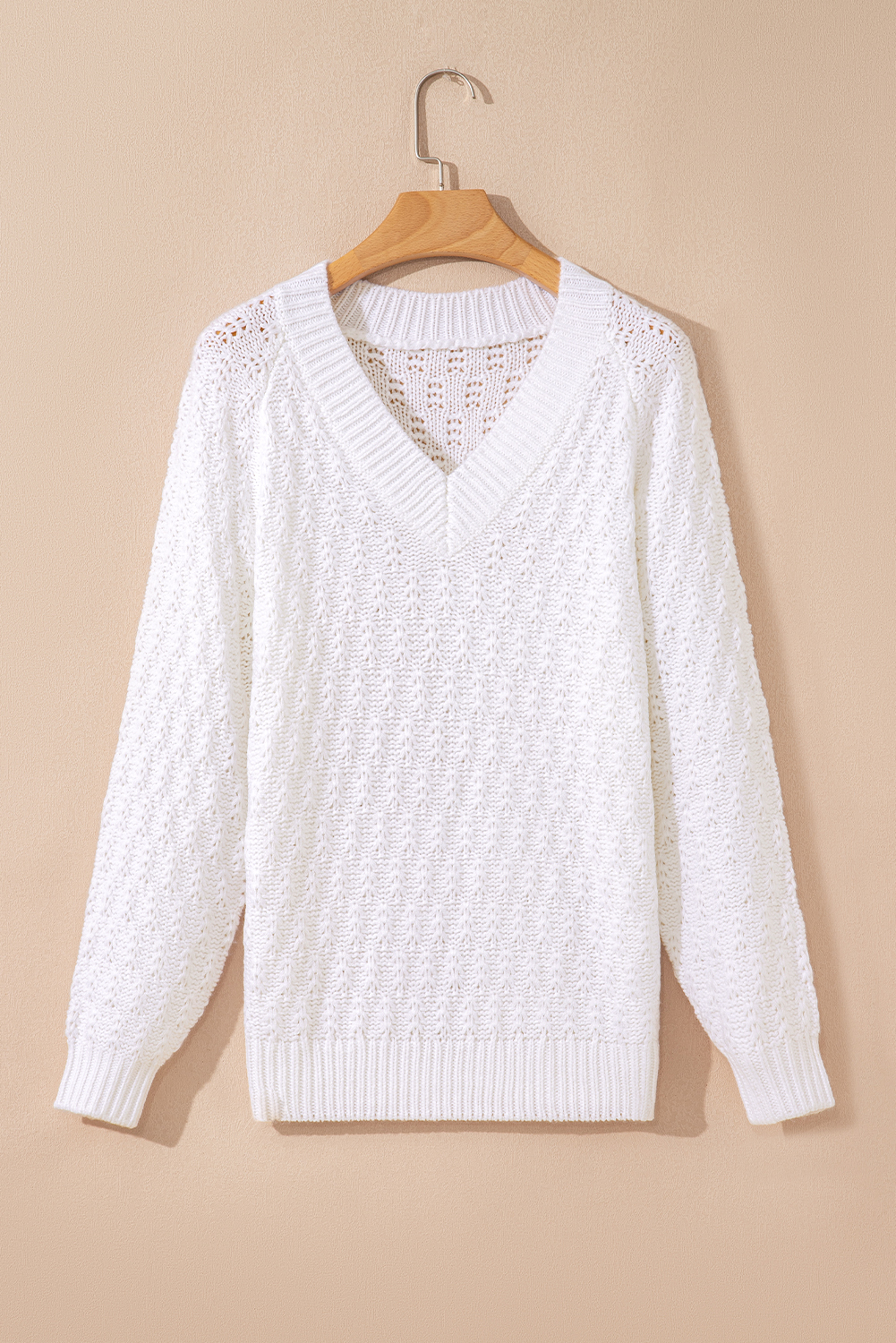 White Textured Knit Ribbed Edge V Neck Loose Sweater - loveforevers
