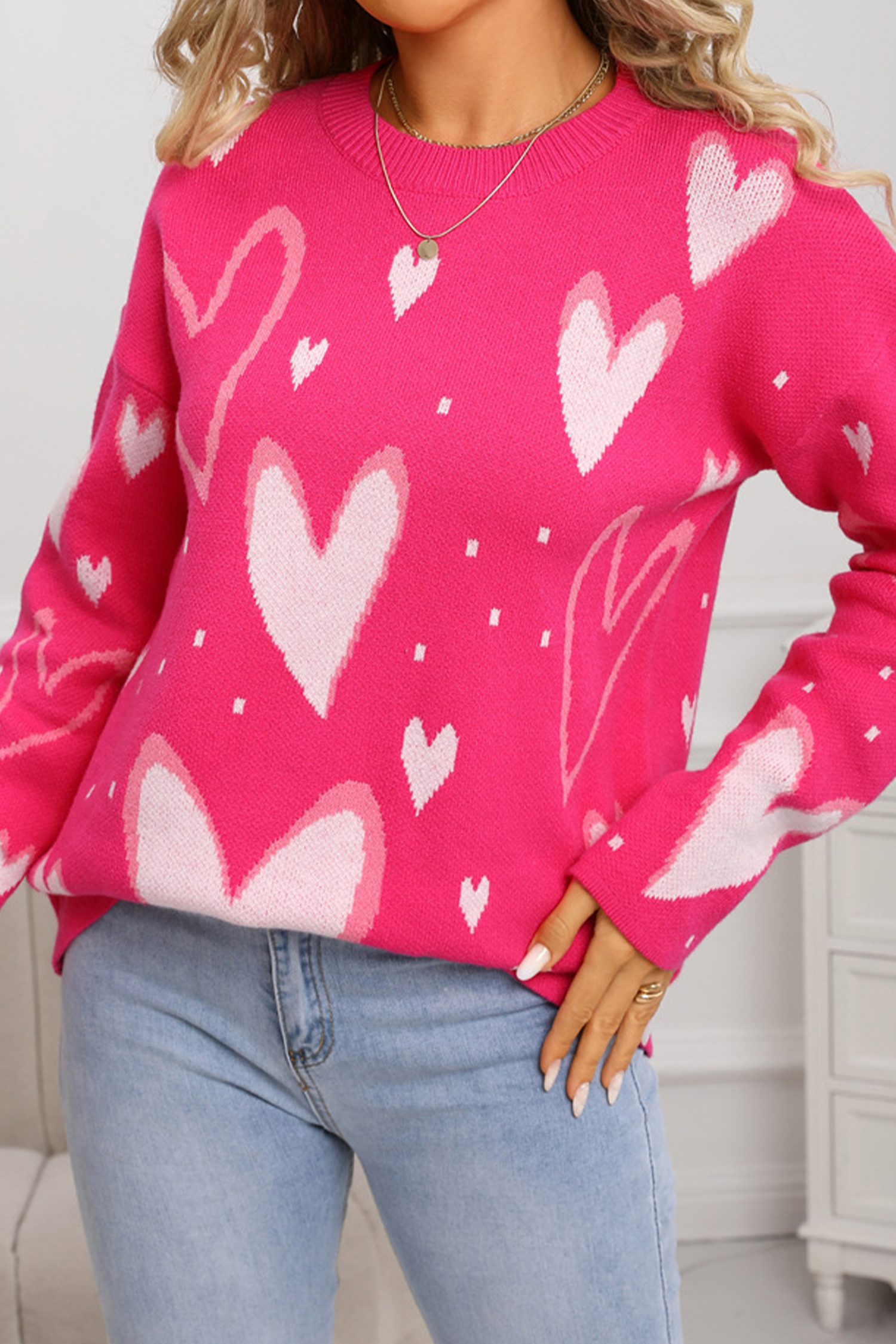 White Splendid Heart Print Valentines Day Sweater - loveforevers