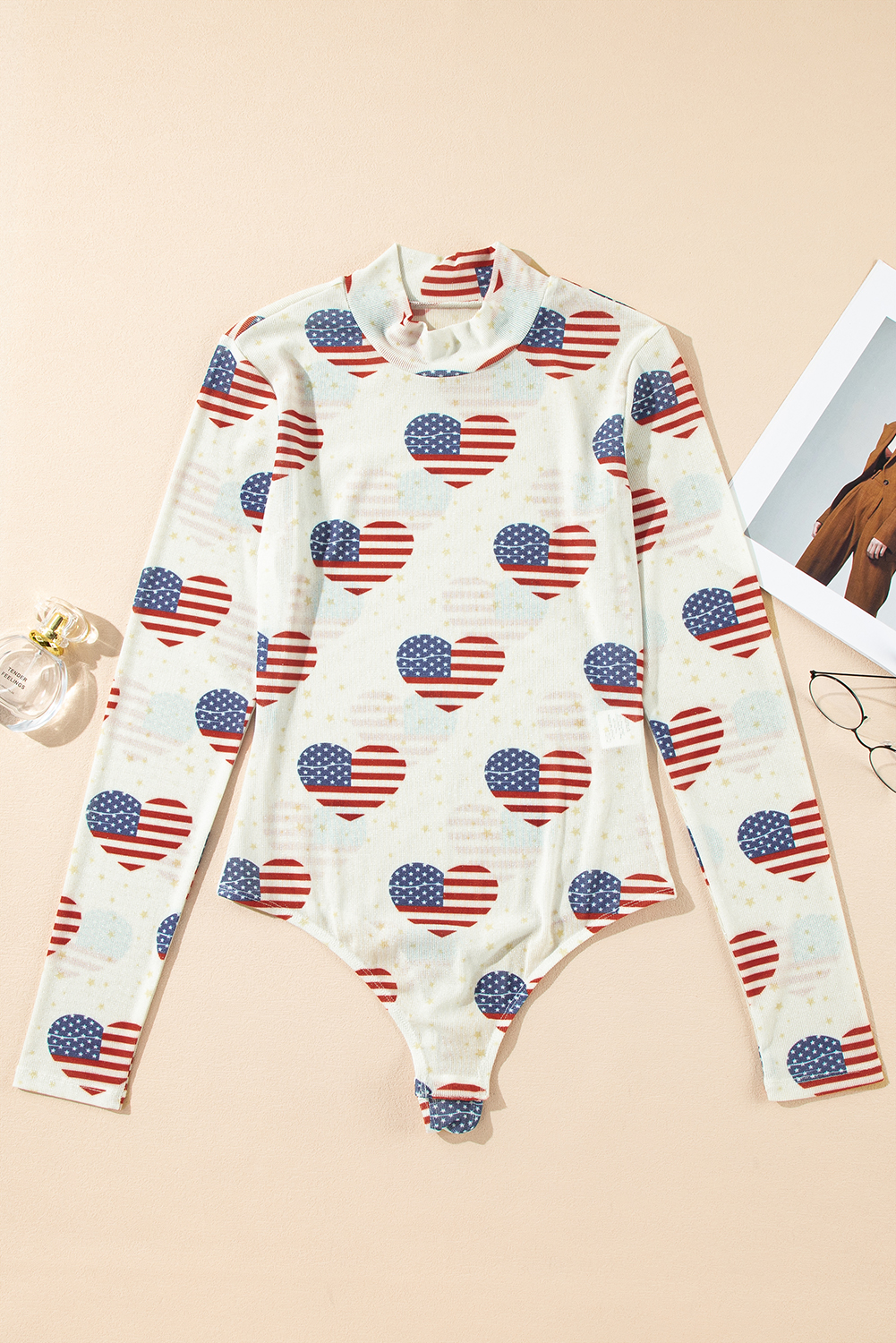 White Americana Glitter Mesh Long Sleeve Bodysuit - loveforevers