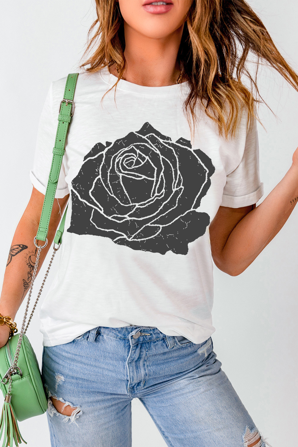 White Large Rose Print Round Neck T Shirt - loveforevers