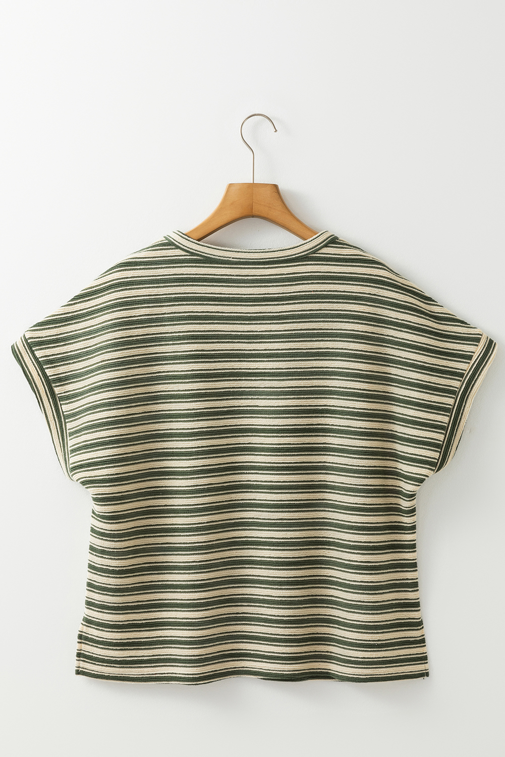 Green Stripe Textured Side Slits Crew Neck T Shirt - loveforevers